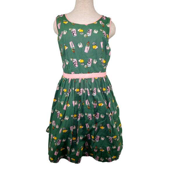 ModCloth Green Drink Print Fit & Flare Dress XL Pink Trim Tie Back Retro Style - Picture 2 of 6